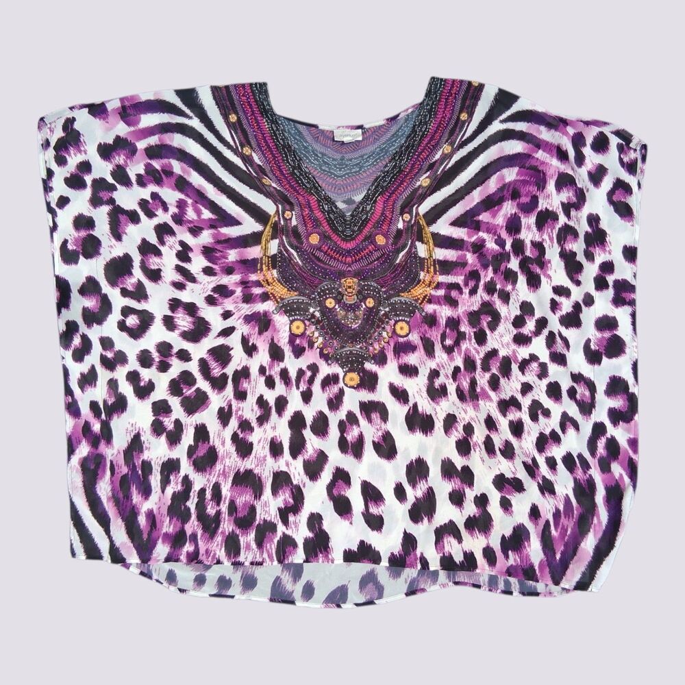 Avenue Leopard Zebra Print Kaftan Blouse 22/24 Purple Embellished Tunic Top